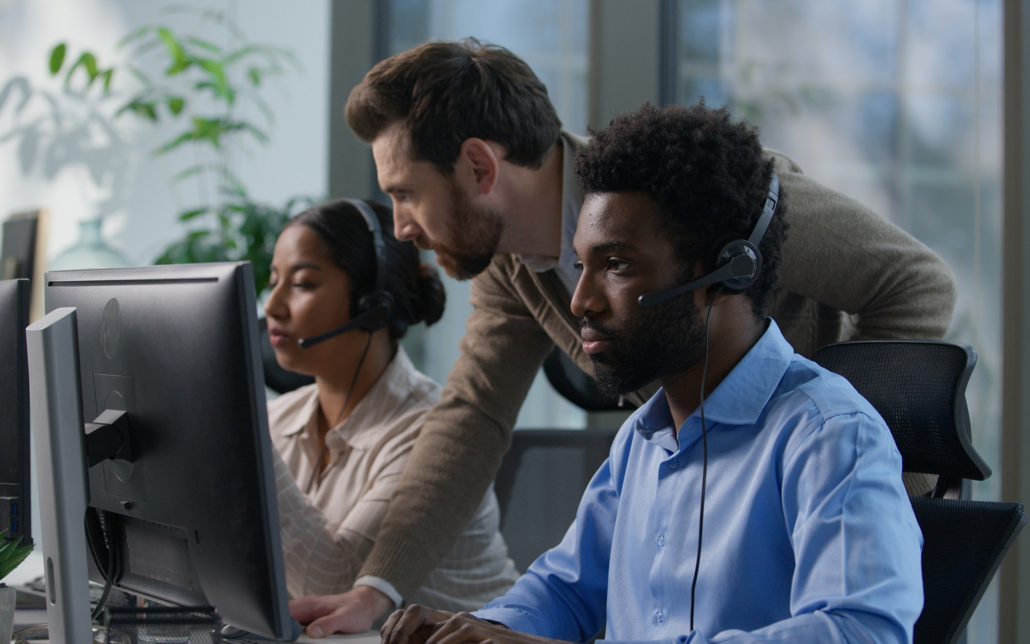 Callcenter teamwork multicultural office operators support communication