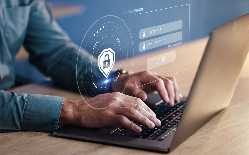 Hands, developer on laptop and hologram for login