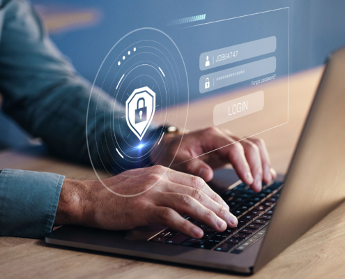 Hands, developer on laptop and hologram for login